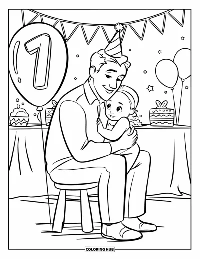 Happy Birthday Daddy Coloring Page for Kids: Festive scene with Daddy in a chair, hugged by a child and balloons nearby
