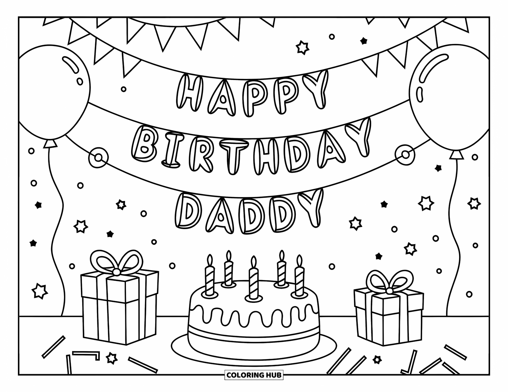 Happy Birthday Daddy Coloring Page for Kids: Party decorations and treats surround a balloon that says "Happy Birthday Daddy"