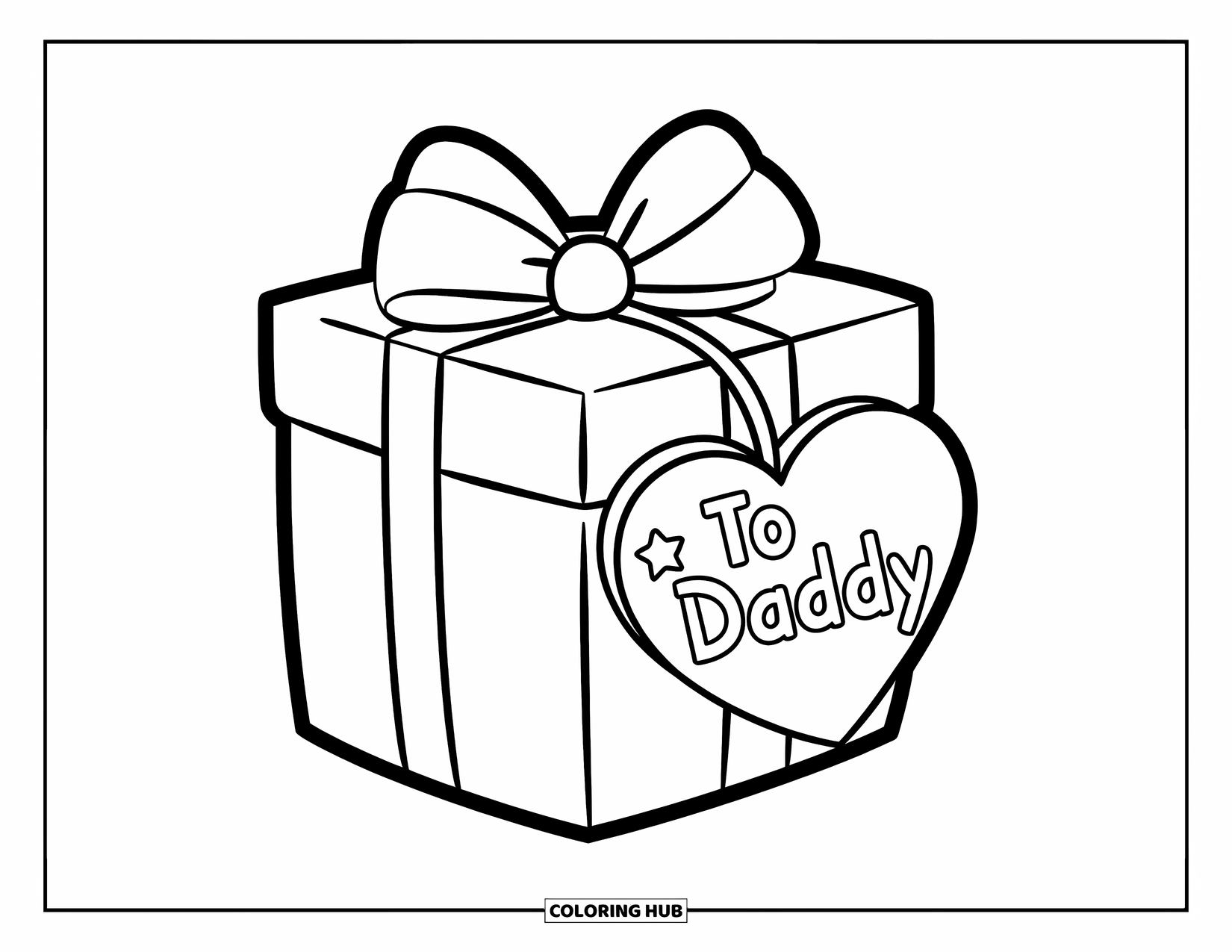 Happy Birthday Daddy Coloring Page for Kids: Present with ribbon and a tag that says "To Daddy" next to a star