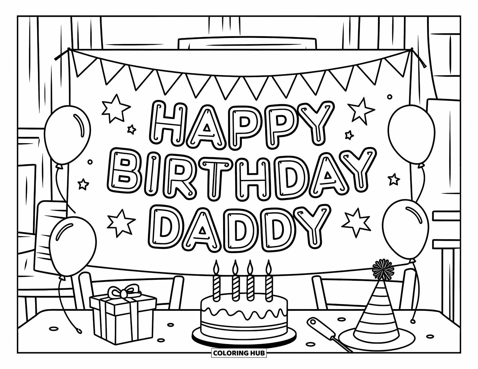 Happy Birthday Daddy Coloring Page for Kids: Room filled with balloons, cake, and a festive "Happy Birthday Daddy" banner