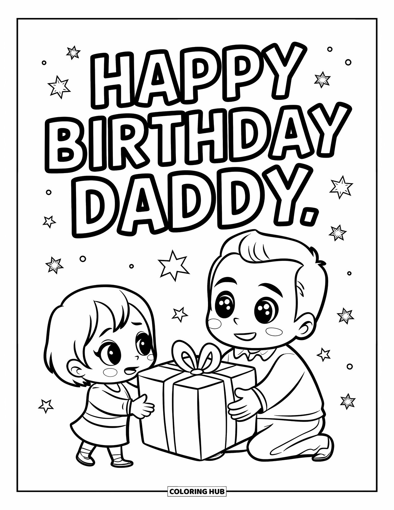 Happy Birthday Daddy Coloring Page for Kids: Sweet moment of chibi girl giving Daddy a gift with birthday message above
