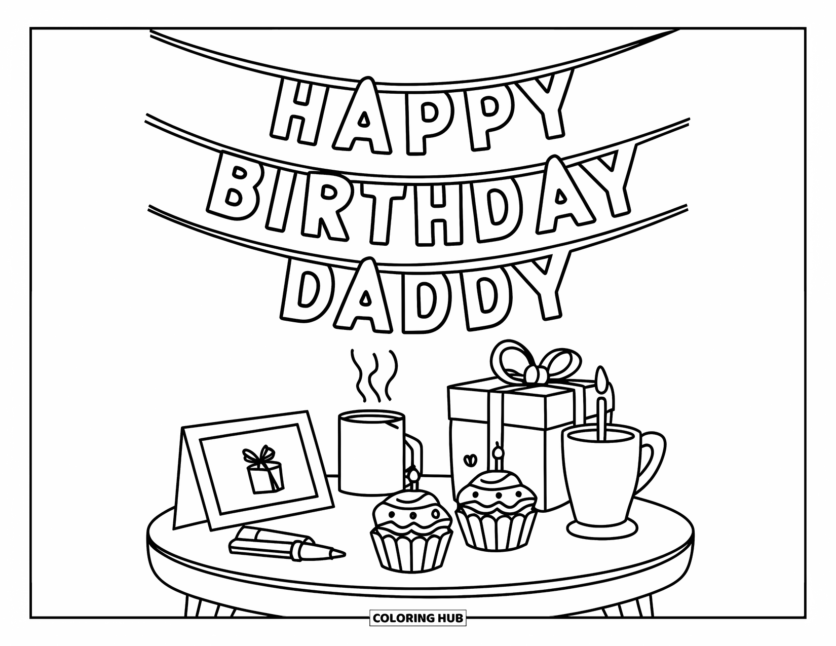 Happy Birthday Daddy Coloring Page for Kids: Table setup with sweet treats and a "Happy Birthday Daddy" banner hanging above
