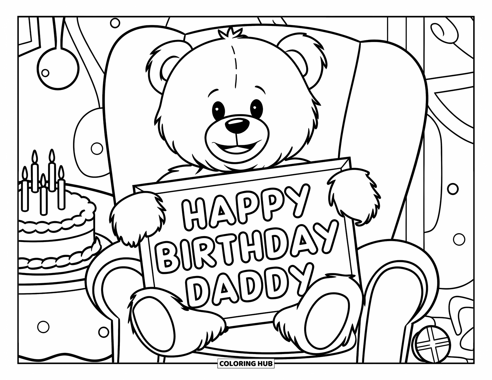 Happy Birthday Daddy Coloring Page for Kids: Teddy bear holds a birthday sign while sitting near a cake with candles