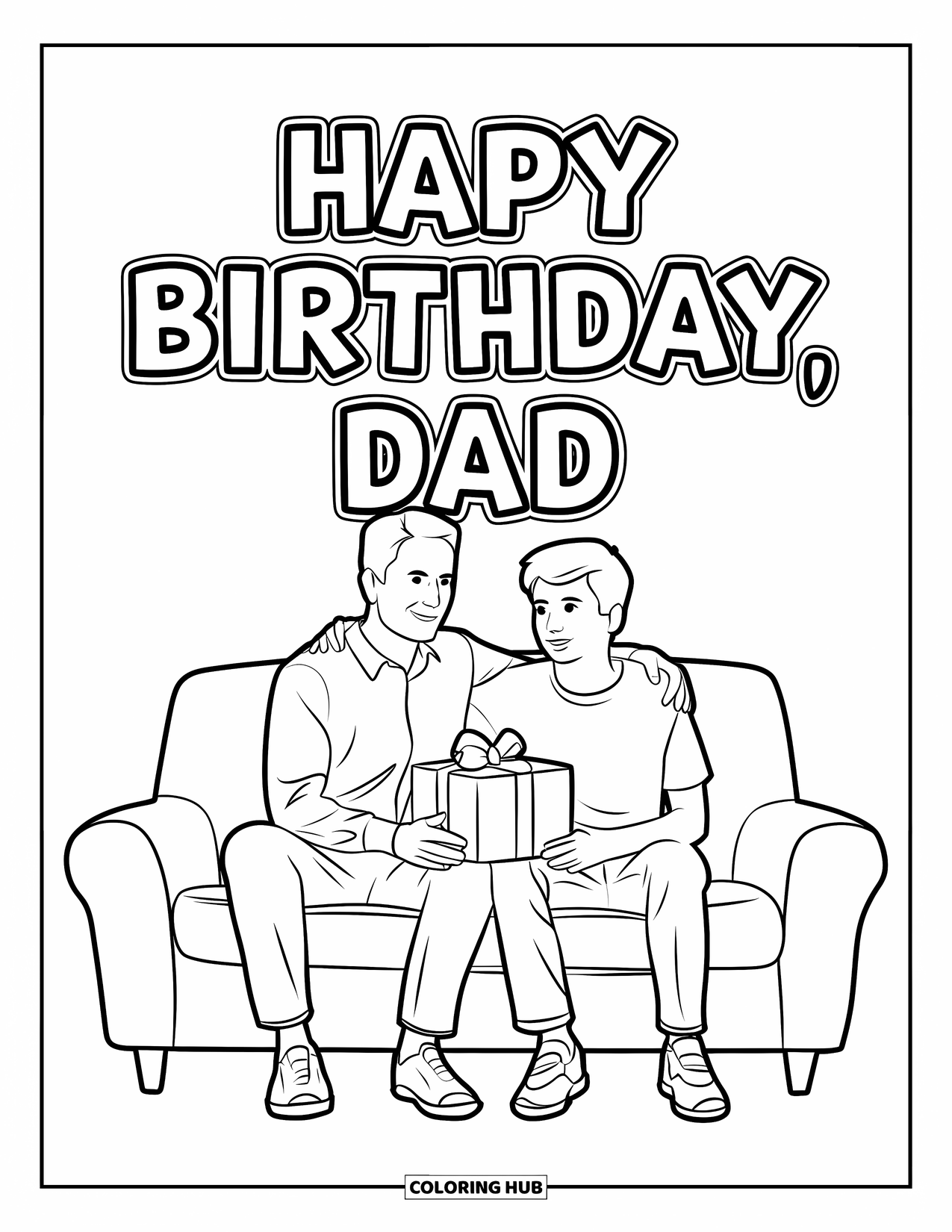 Happy Birthday Daddy Coloring Page for Kids: Teen and dad sit on a couch with a birthday gift between them