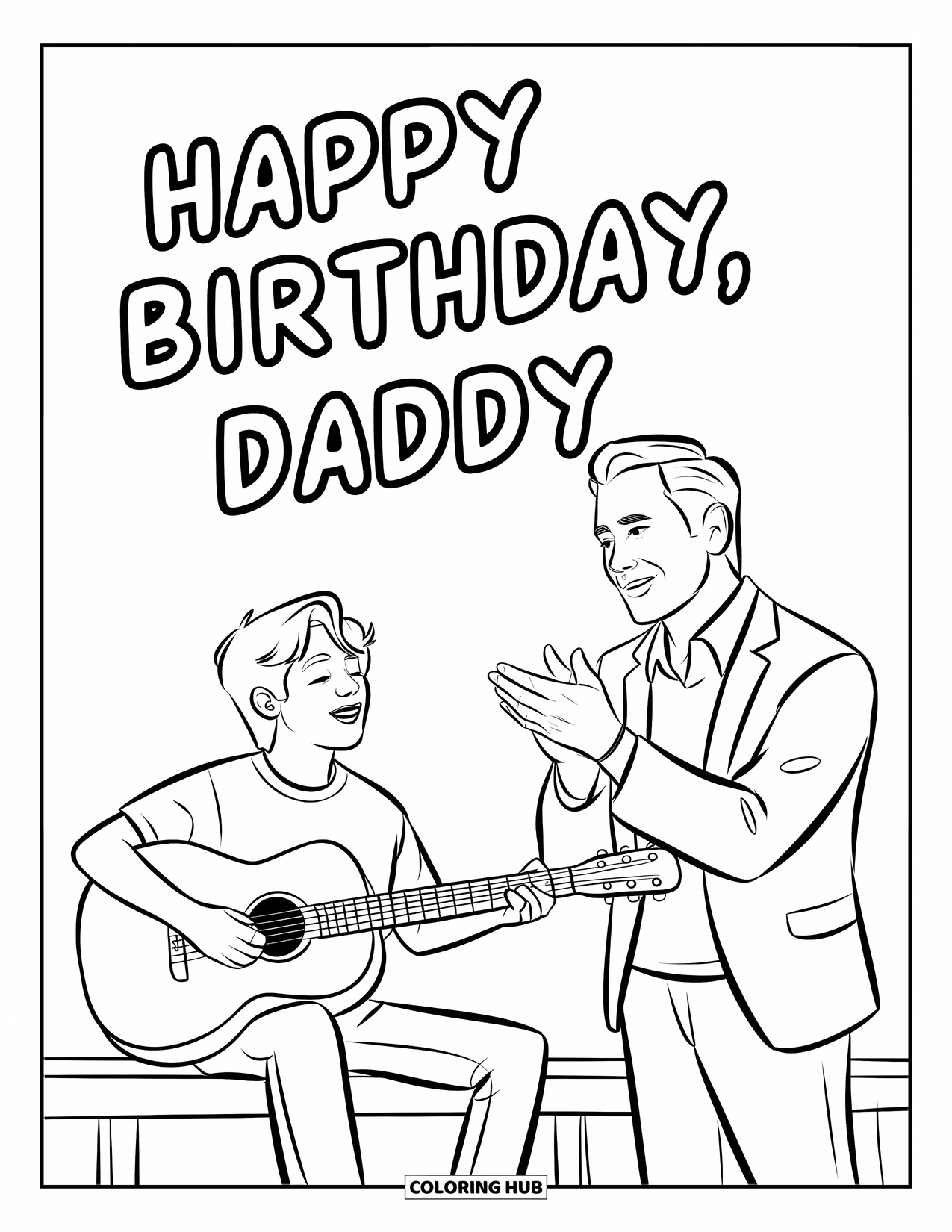 Happy Birthday Daddy Coloring Page for Kids: Teen performs birthday song with guitar as daddy claps with joy
