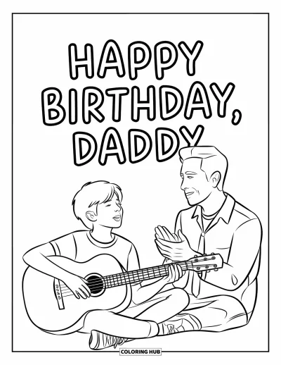 Happy Birthday Daddy Coloring Page for Kids: Teen with a guitar sings "Happy Birthday" to a clapping daddy