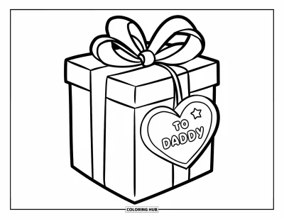 Happy Birthday Daddy Coloring Page for Kids: Wrapped gift with a heart tag for Daddy and a star detail