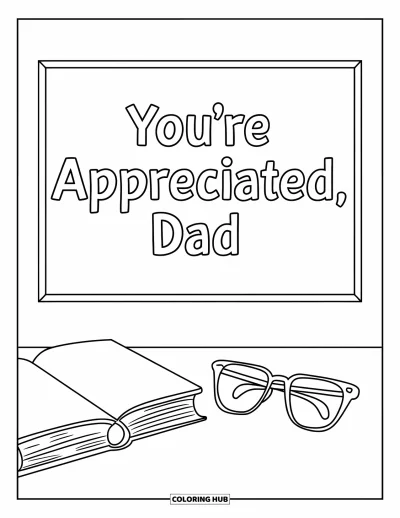 Glad fars dag-målarbild för vuxna: En bok och glasögon vilar bredvid en inramad skylt med texten "You're Appreciated, Dad"