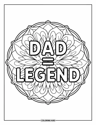 Glad fars dag-målarbild för vuxna: En botanisk mandala med lotusblommor omger frasen "Dad = Legend"
