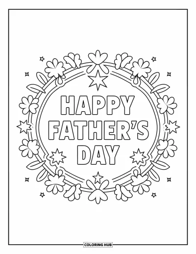 Glad fars dag-målarbild för vuxna: En blomster- och stjärnram ramar in budskapet "Happy Father's Day" på ett elegant sätt