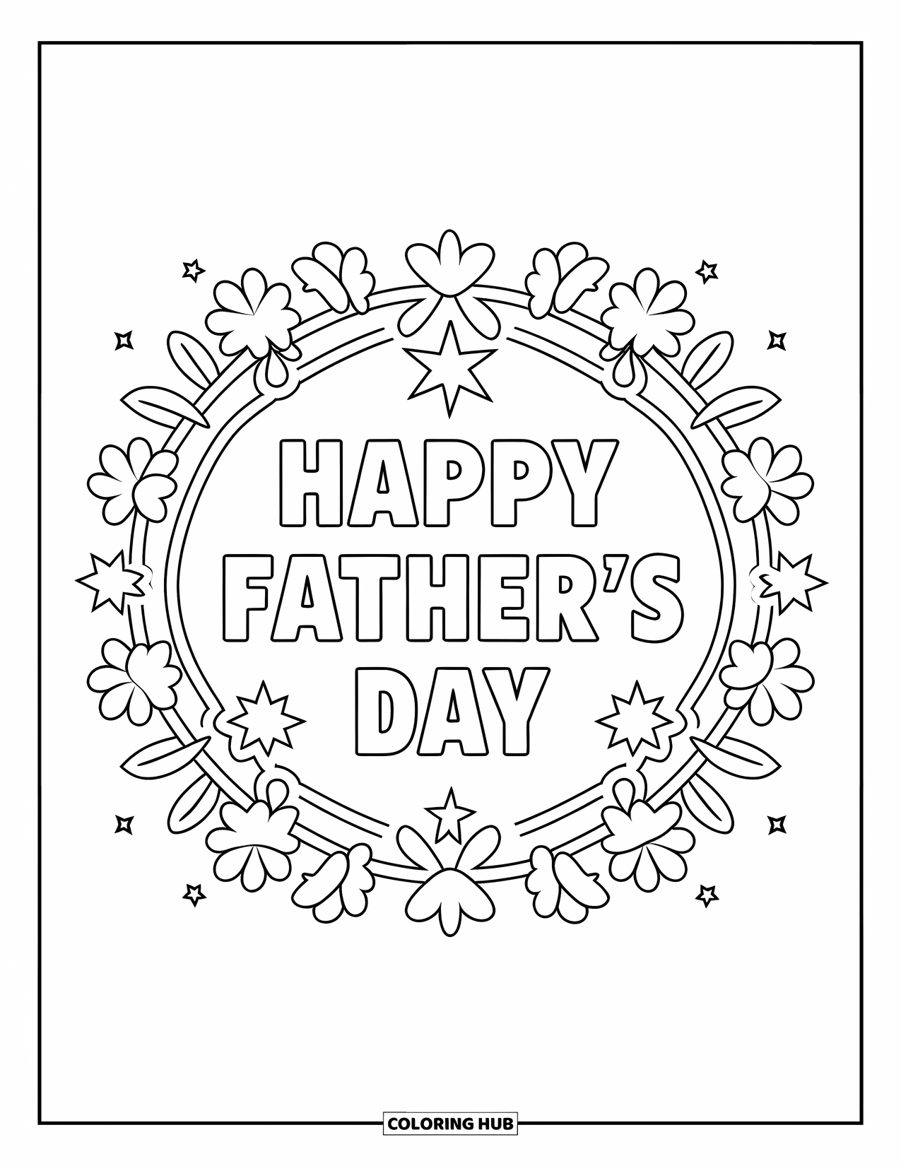 Happy Fathers Day Coloring Page for Adults: A floral and star border frames the message "Happy Father's Day" in elegant style