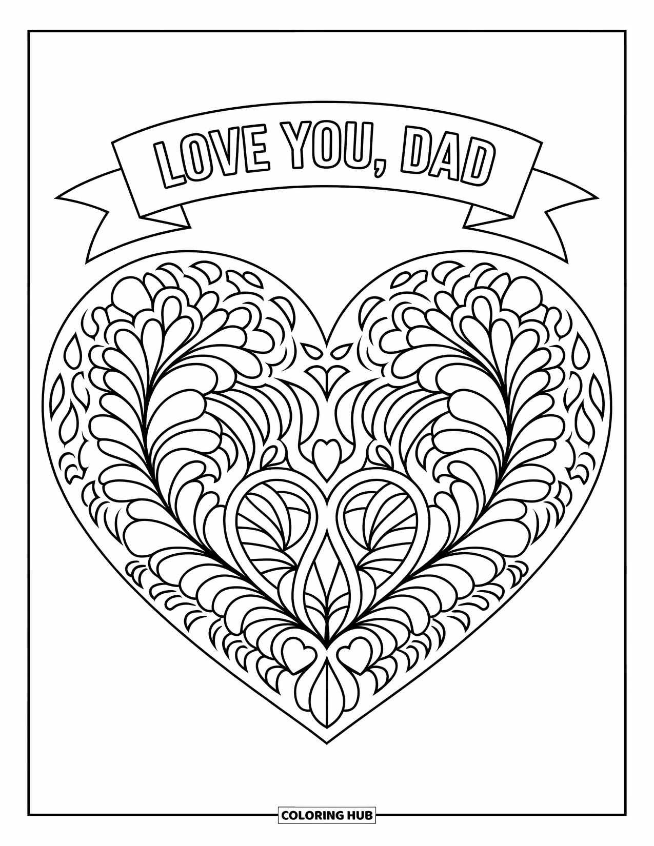 Happy Fathers Day Coloring Page for Adults: A floral heart with a banner reads "Love You, Dad" in graceful outlined text