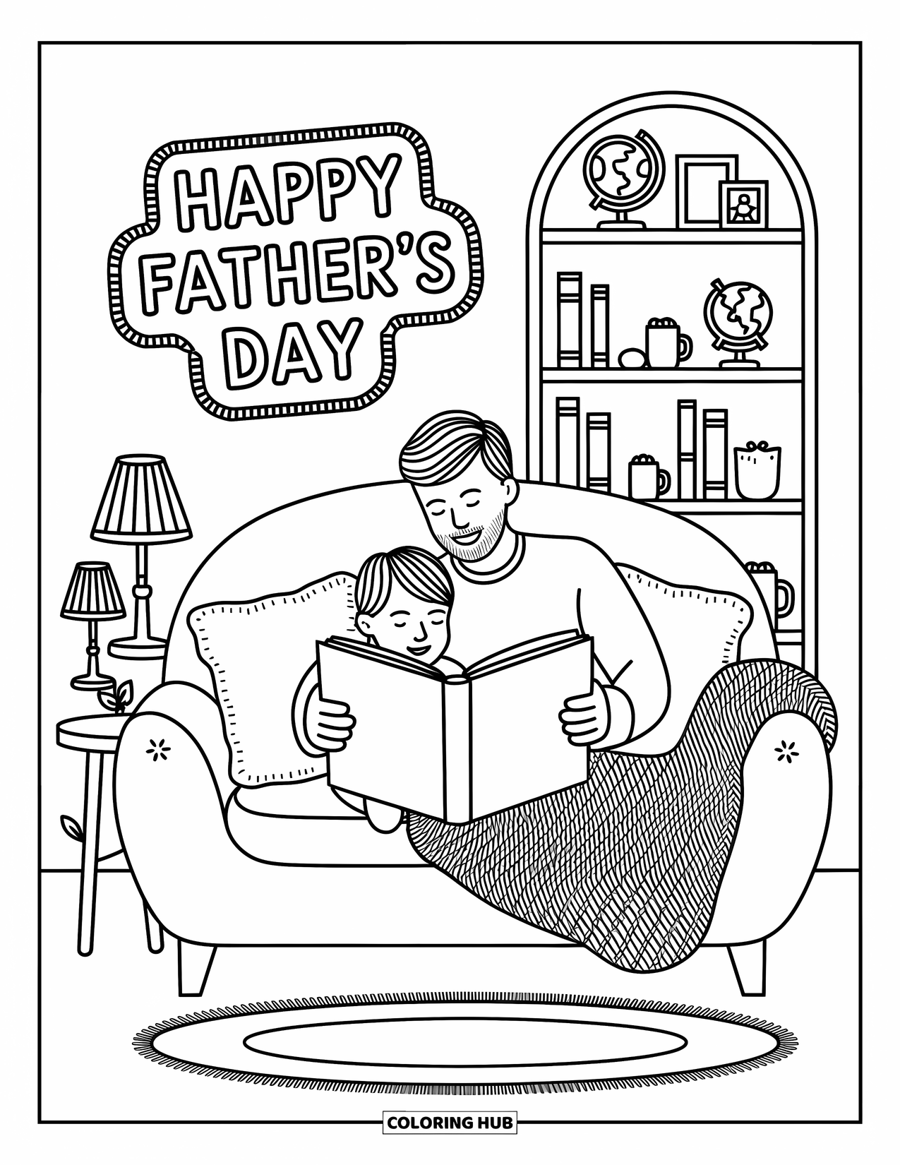 Happy Fathers Day Coloring Page for Adults: A soft blanket and big storybook bring Dad and child together on a cozy couch