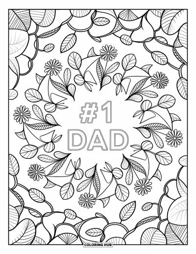 Glad fars dag-målarbild för vuxna: En botanisk mandala fylld med rankor och blommor lyfter fram frasen "#1 Dad"