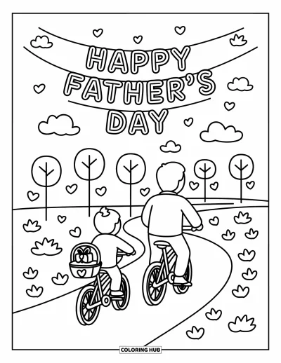 Glad fars dag-målarbild för vuxna: Mysig parktur med pappa, träd runtomkring och en presentfylld korg på cykeln