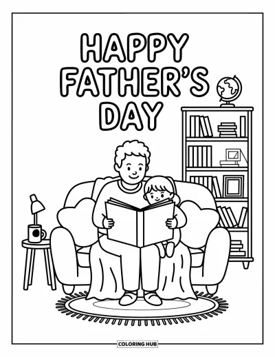 Glad fars dag-målarbild för vuxna: Pappa och barn kryper ihop i soffan och läser en saga med kuddar, filtar och böcker