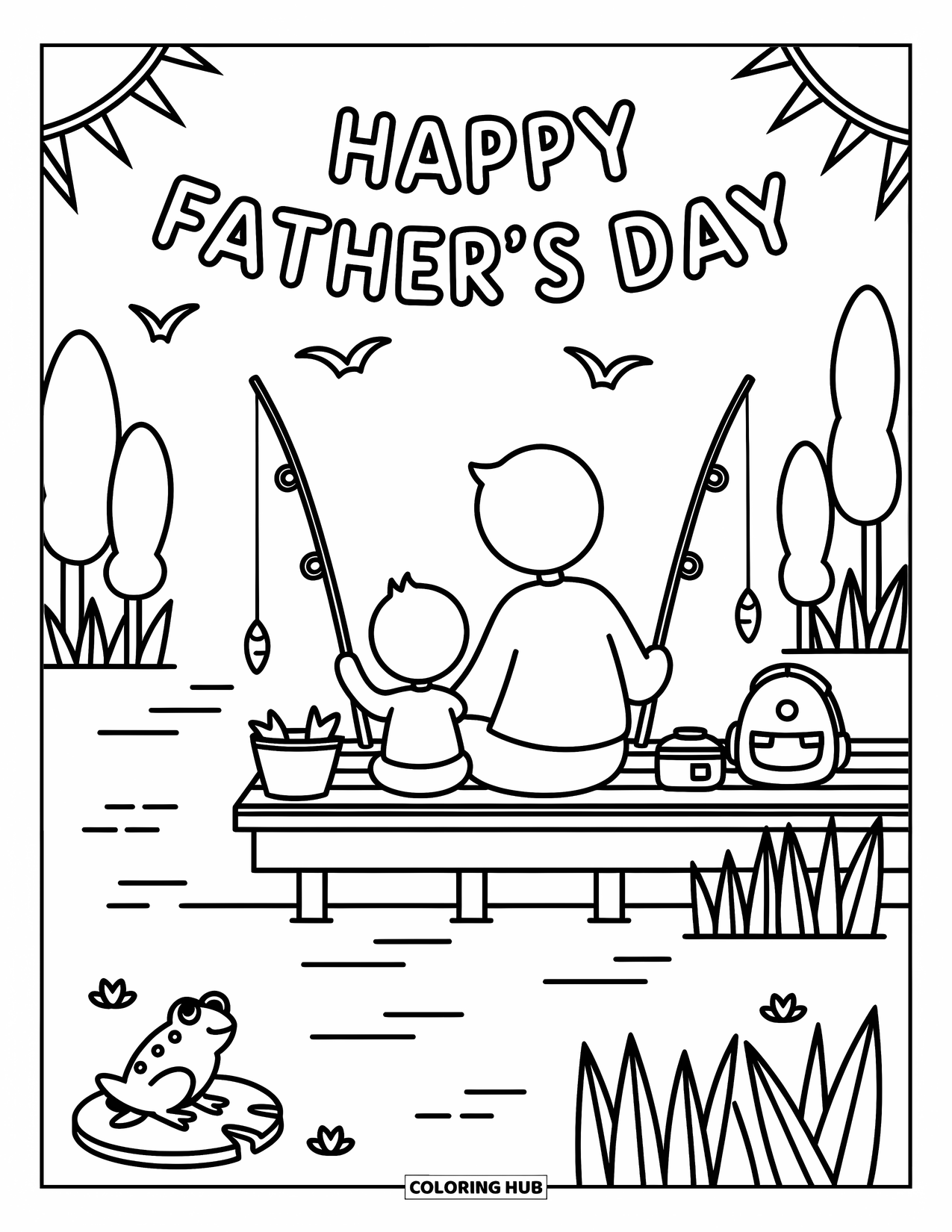 Happy Fathers Day Coloring Page for Adults: Dad and child fish on a quiet dock with a frog nearby and birds above