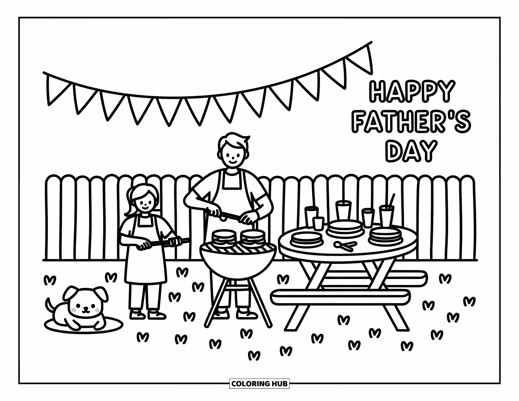 Happy Fathers Day Coloring Page for Adults: Dad and child grill happily in the backyard with cute flags and a lounging dog nearby