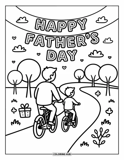 Glad fars dag-målarbild för vuxna: Pappa och barn cyklar genom en park med en festlig "Happy Father's Day"-banderoll