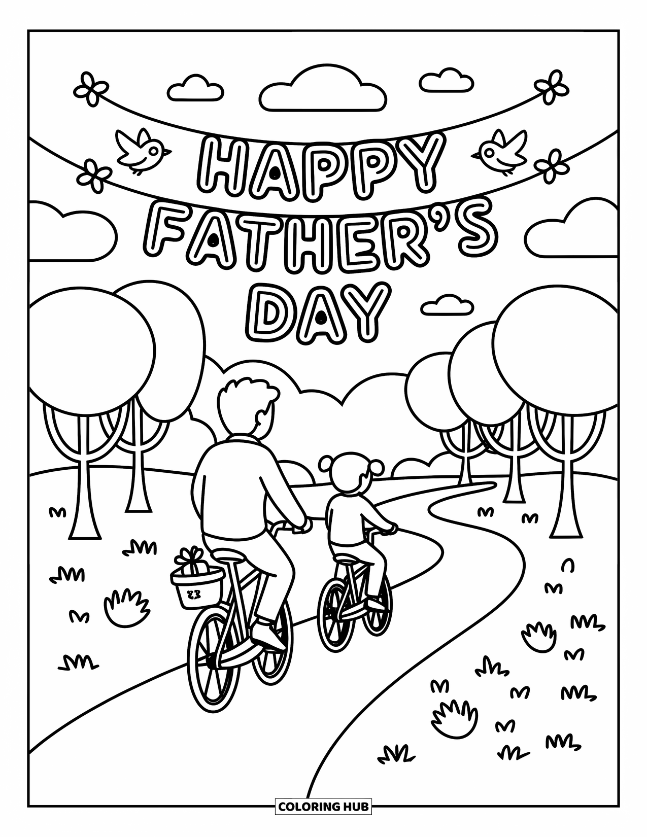Happy Fathers Day Coloring Page for Adults: Dad and child ride side-by-side with a sweet sky banner above saying "Happy Father's Day"