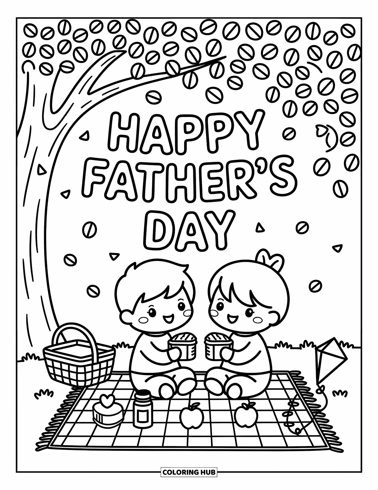 Happy Fathers Day Coloring Page for Adults: Dad and child share a cozy outdoor picnic with snacks and a floating banner above
