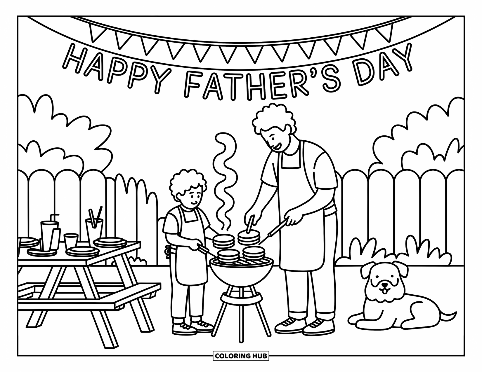 Happy Fathers Day Coloring Page for Adults: Grilling burgers with Dad under flag bunting, with picnic vibes and a sleepy dog nearby