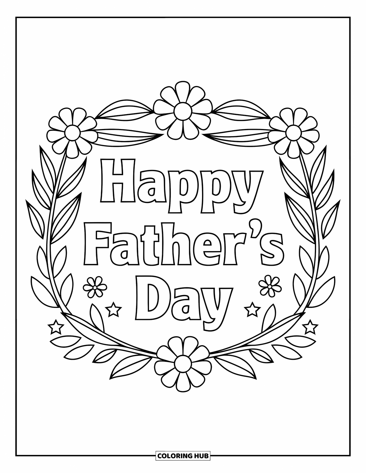 Happy Fathers Day Coloring Page for Adults: "Happy Father's Day" is framed by stars and flowers in a vintage border
