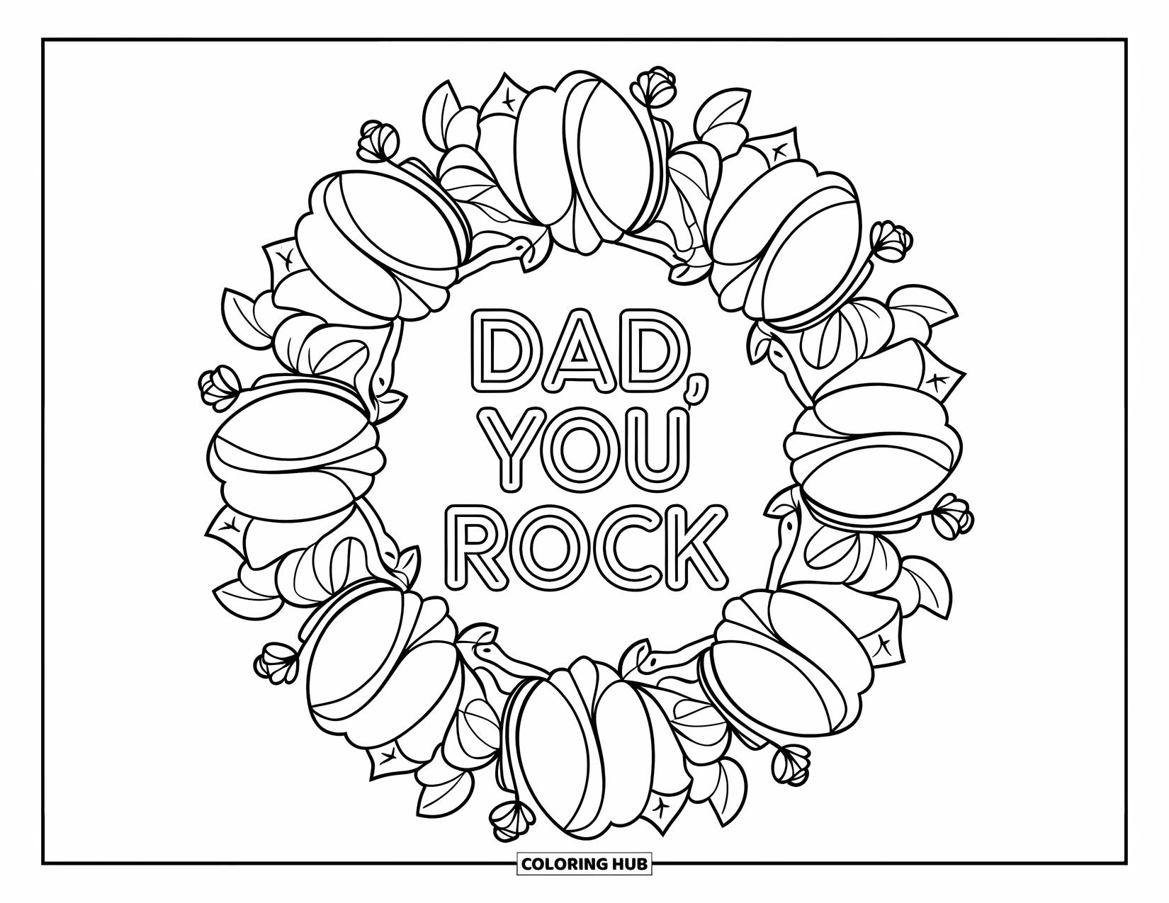 Happy Fathers Day Coloring Page for Adults: Intricate tulips and ivy wrap around the words "Dad, You Rock" in circular style