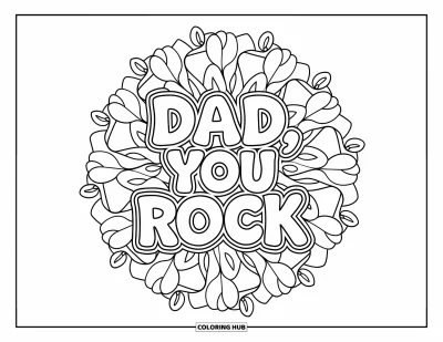 Glad fars dag-målarbild för vuxna: Murgröna och tulpanblad bildar en mandala runt frasen "Dad, You Rock"