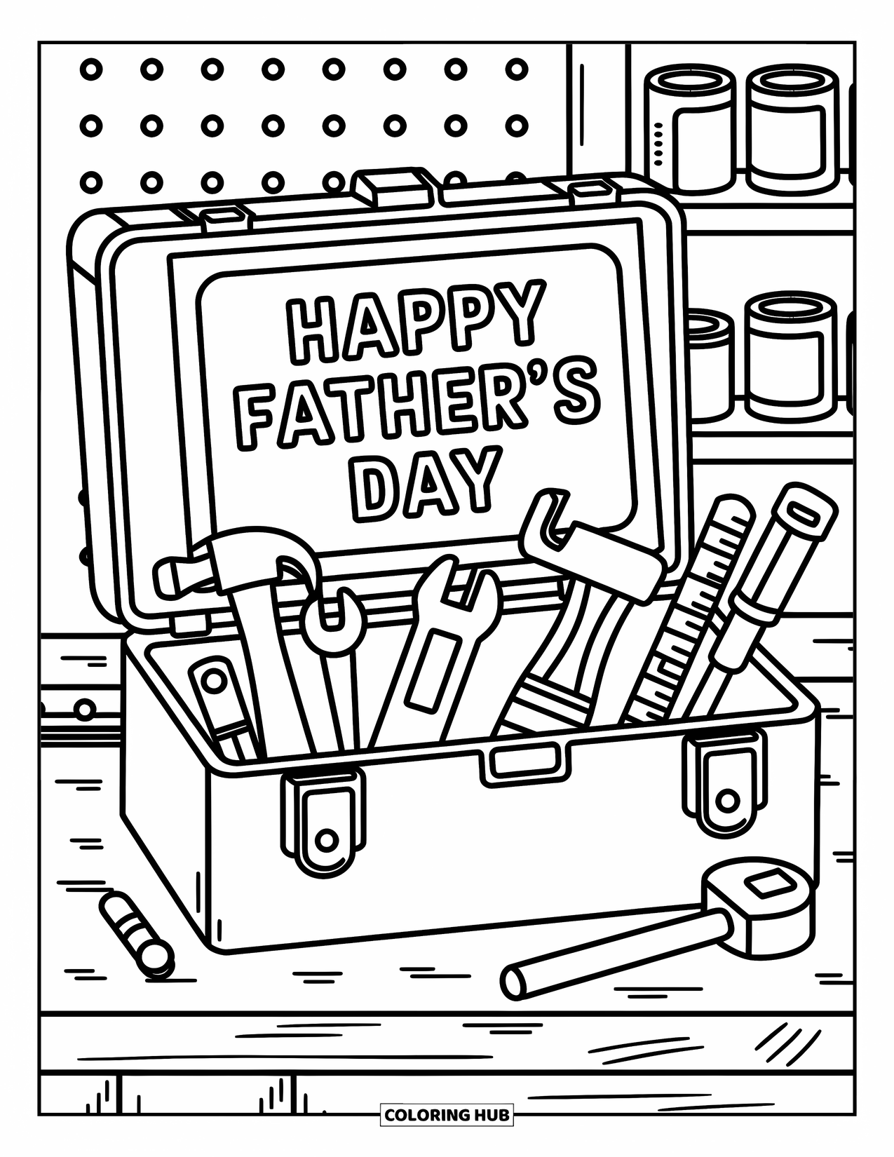 Happy Fathers Day Coloring Page for Adults: Kawaii tools and a handmade card fill this cozy Father's Day workbench moment