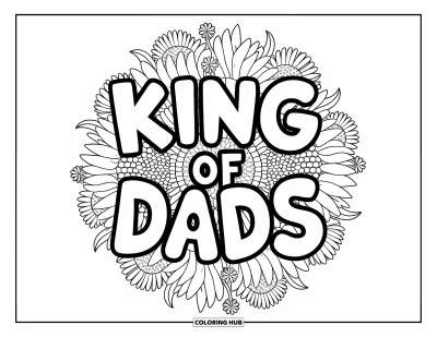 Glad fars dag-målarbild för vuxna: "King of Dads" sitter i mitten av en sol- och maskrosmandala