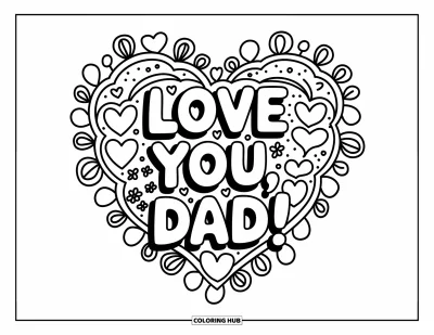 Glad fars dag-målarbild för vuxna: "Love you, Dad!" lyser i mitten av en hjärtmandala med söta små klotter
