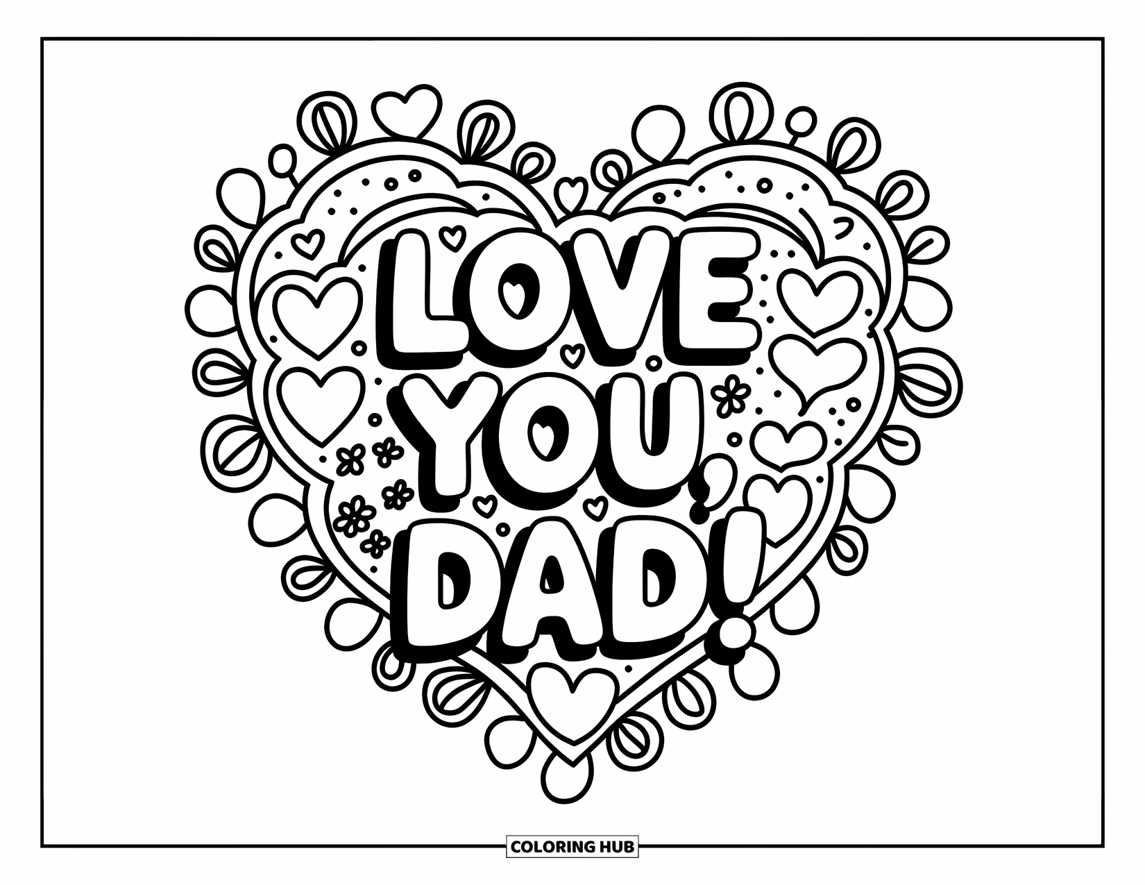 Happy Fathers Day Coloring Page for Adults: "Love you, Dad!" pops in the center of a heart mandala with sweet little doodles