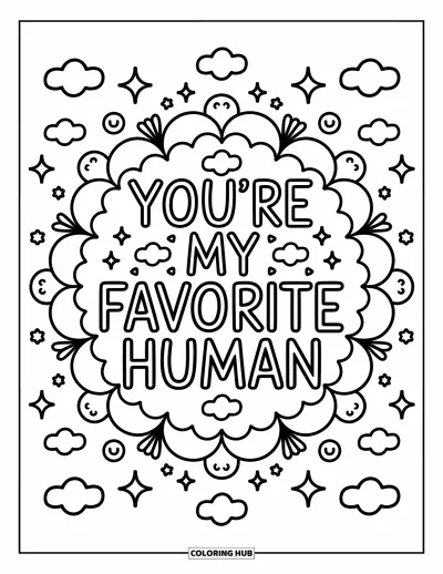 Glad fars dag-målarbild för vuxna: Lekfulla hjärtan och glittrande klotter omger "You're my favorite human" i en mysig mandala