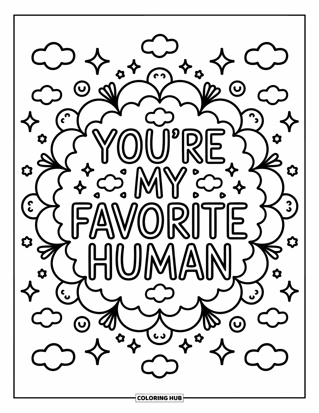 Happy Fathers Day Coloring Page for Adults: Playful hearts and twinkly doodles surround "You're my favorite human" in a cozy mandala