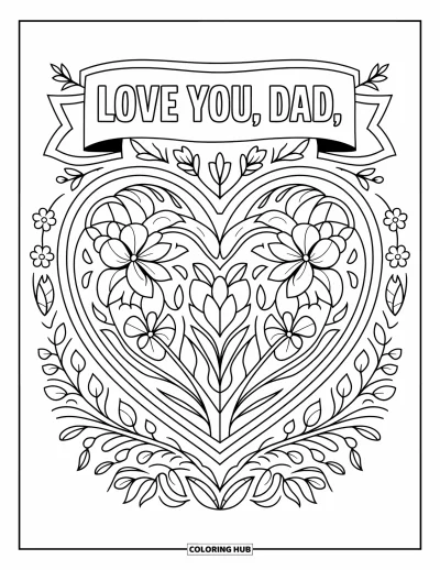 Glad fars dag-målarbild för vuxna: Rosor och rankor bildar ett hjärta med "Love You, Dad" på en banderoll överst