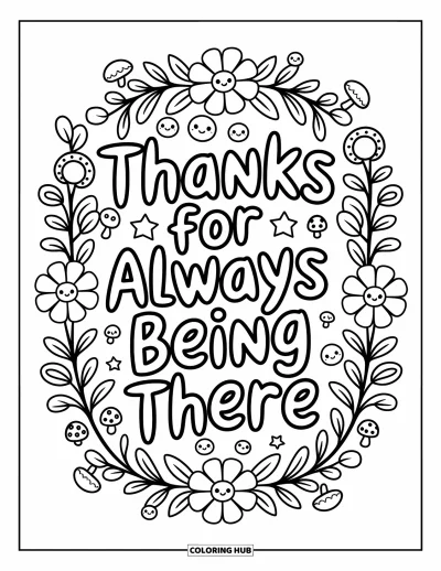 Glad fars dag-målarbild för vuxna: Söta blommor och mini-klotter omger frasen "Thanks for always being there"