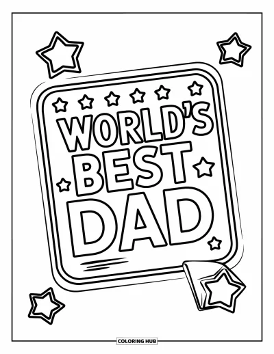 Glad fars dag-målarbild för barn: Ett märke med texten "World's Best Dad" glittrar med stjärnor runtomkring