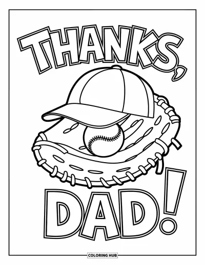 Glad fars dag-målarbild för barn: En basebollhandske och keps vilar bredvid "Thanks, Dad!" i fet stil