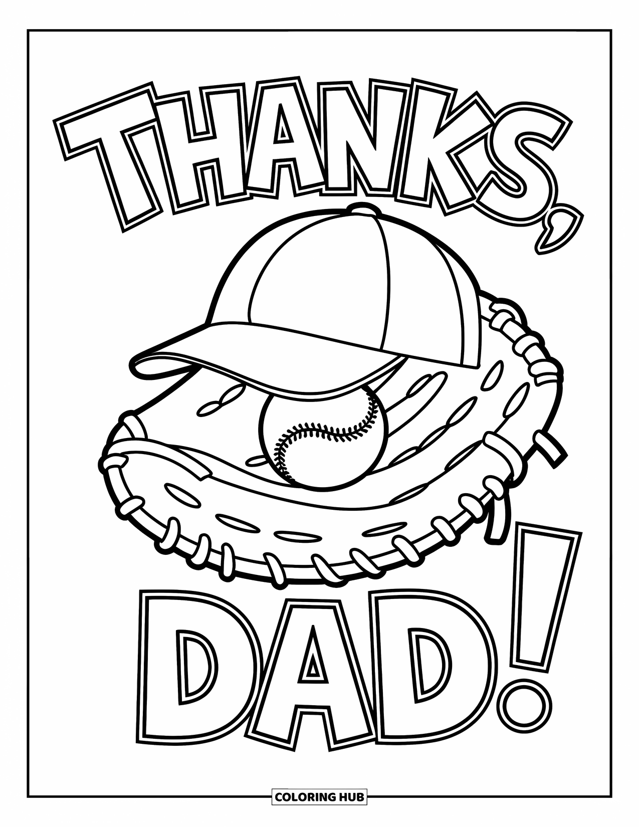 Happy Fathers Day Coloring Page for Kids: A baseball glove and cap rest beside "Thanks, Dad!" in bold letters