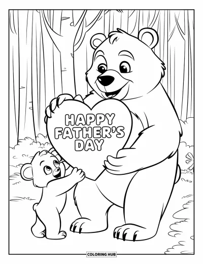 Glad fars dag-målarbild för barn: En björnunge kramar sin pappa med ett gigantiskt hjärta med texten "Happy Father's Day"