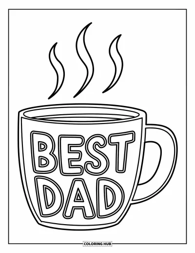 Glad fars dag-målarbild för barn: En stor ombonad mugg med texten "Best Dad" och ånga som stiger från toppen