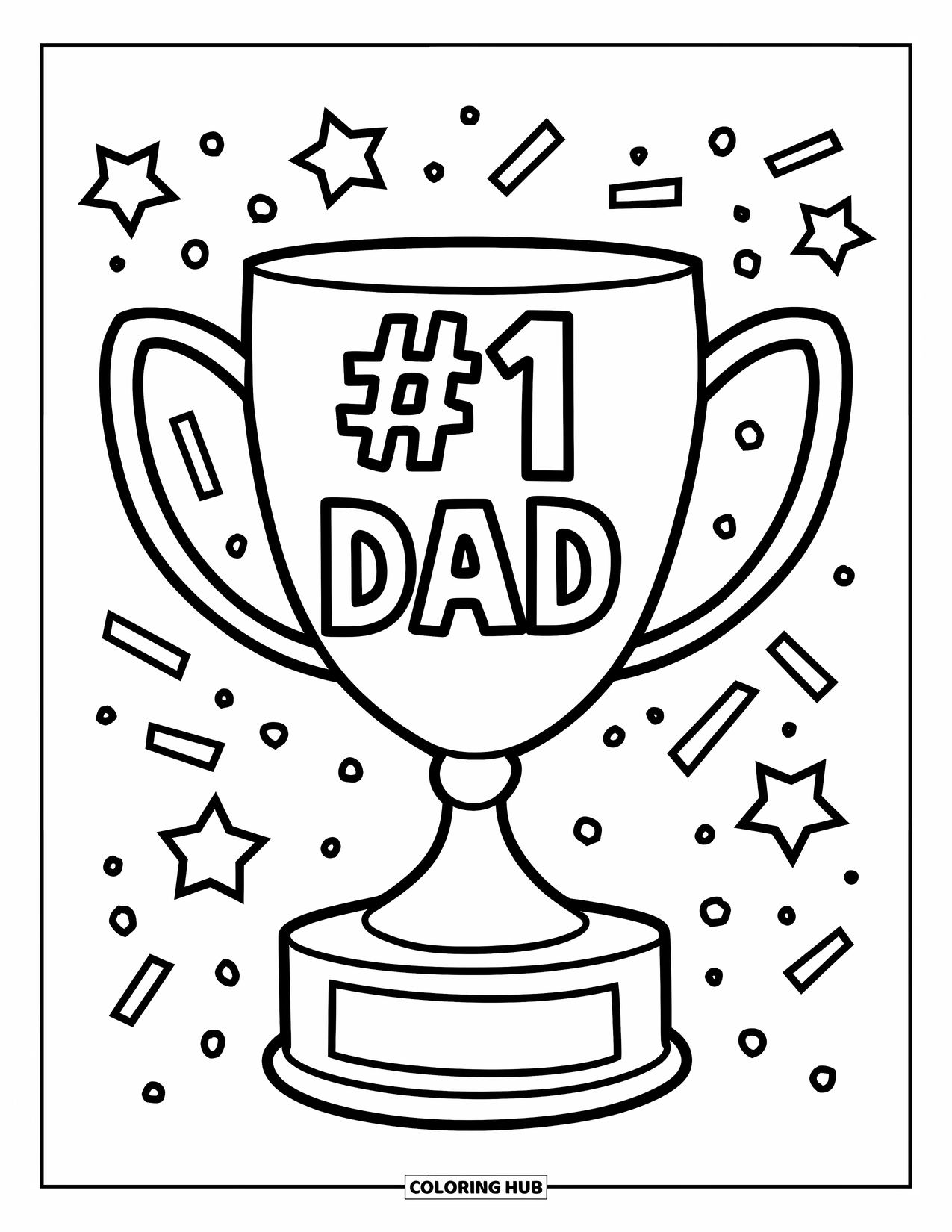 Happy Fathers Day Coloring Page for Kids: A big trophy that says "#1 Dad" stands tall with sparkles around it