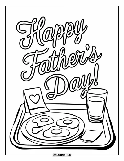 Glad fars dag-målarbild för barn: En frukostbricka med ägg och juice önskar "Happy Father's Day!"