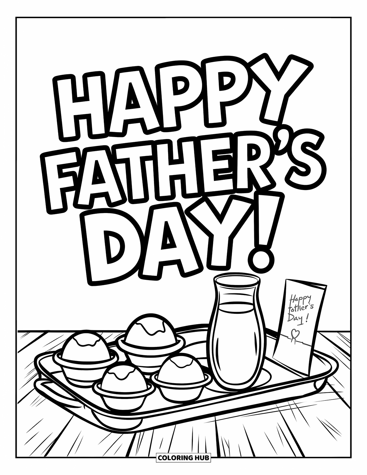 Happy Fathers Day Coloring Page for Kids: A cheerful breakfast tray sits below "Happy Father's Day!"