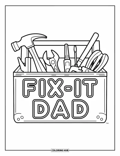 Glad fars dag-målarbild för barn: En klassisk verktygssats vilar under de tydliga orden "Fix-It Dad"