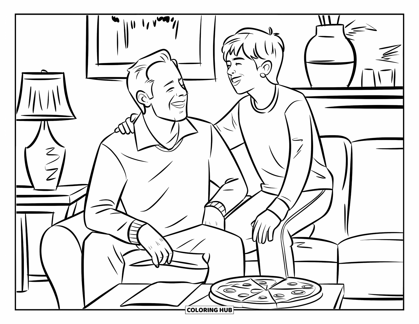 Happy Fathers Day Coloring Page for Kids: A couch-side pizza night brings laughter between dad and teen