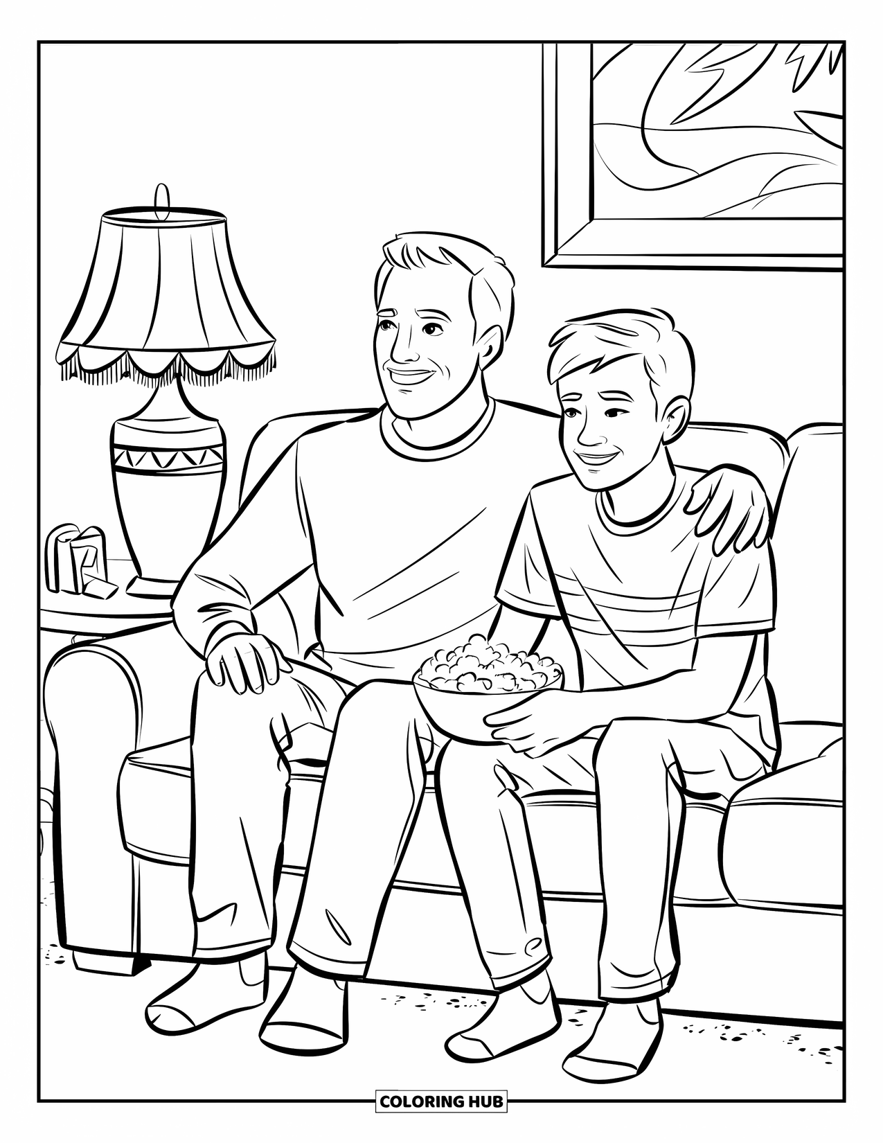 Happy Fathers Day Coloring Page for Kids: A cozy living room sets the scene for game night with Dad