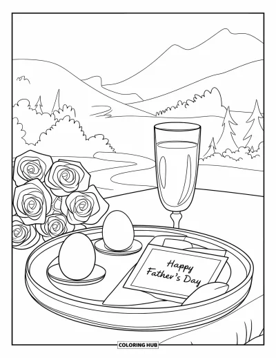 Glad fars dag-målarbild för barn: En ombonad bordsscen med frukost och ett kort med texten "Happy Father's Day"