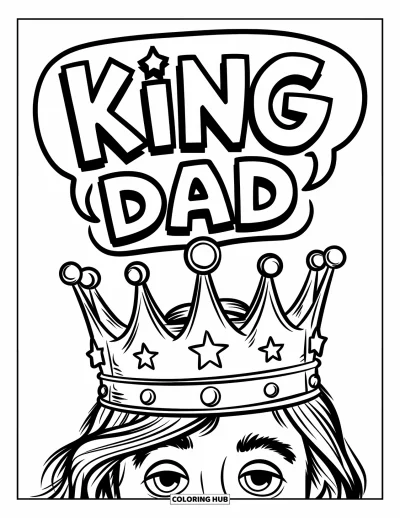 Glad fars dag-målarbild för barn: En krona och en pratbubbla tillkännager "King Dad" med roliga konturer